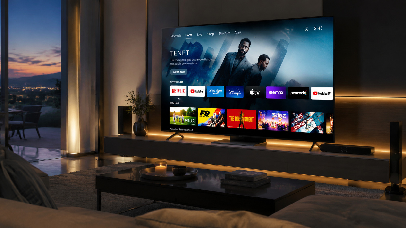 A high-end home cinema setup in a modern living room at dusk, showing a sleek 4K OLED television displaying a vibrant media interface with movie posters and live TV categories. Style: Ultra Realistic,