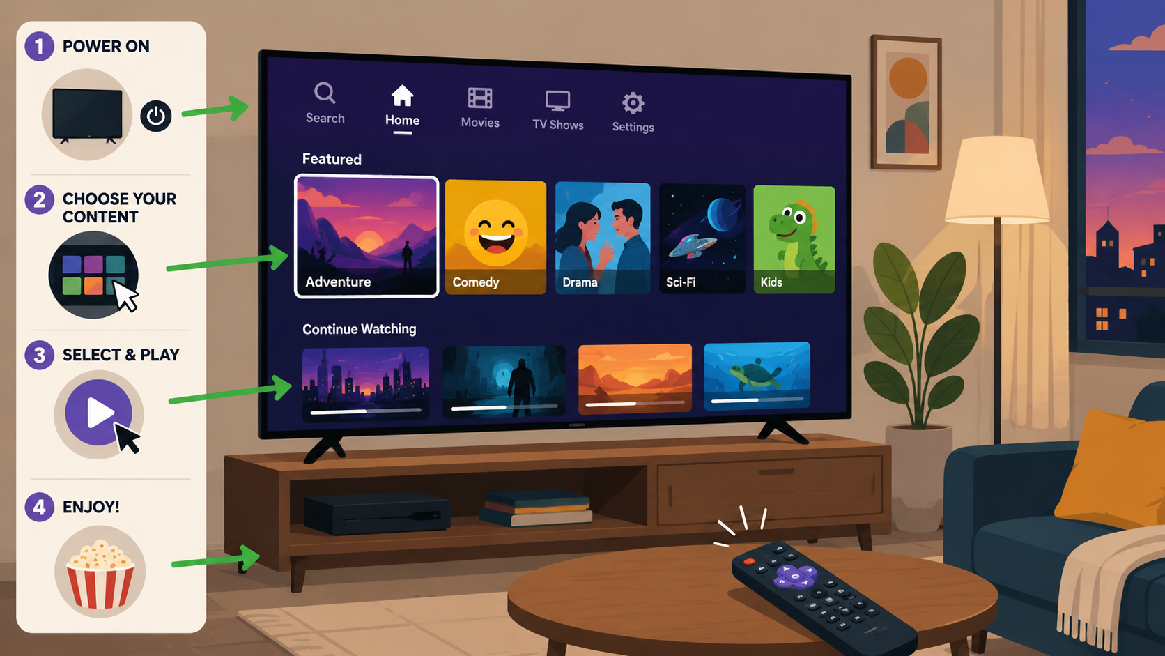 A sleek smart TV displaying a vibrant streaming interface in a cozy, modern living room at dusk, with soft ambient lighting and a remote control resting on a wooden coffee table. Style: Instructional 