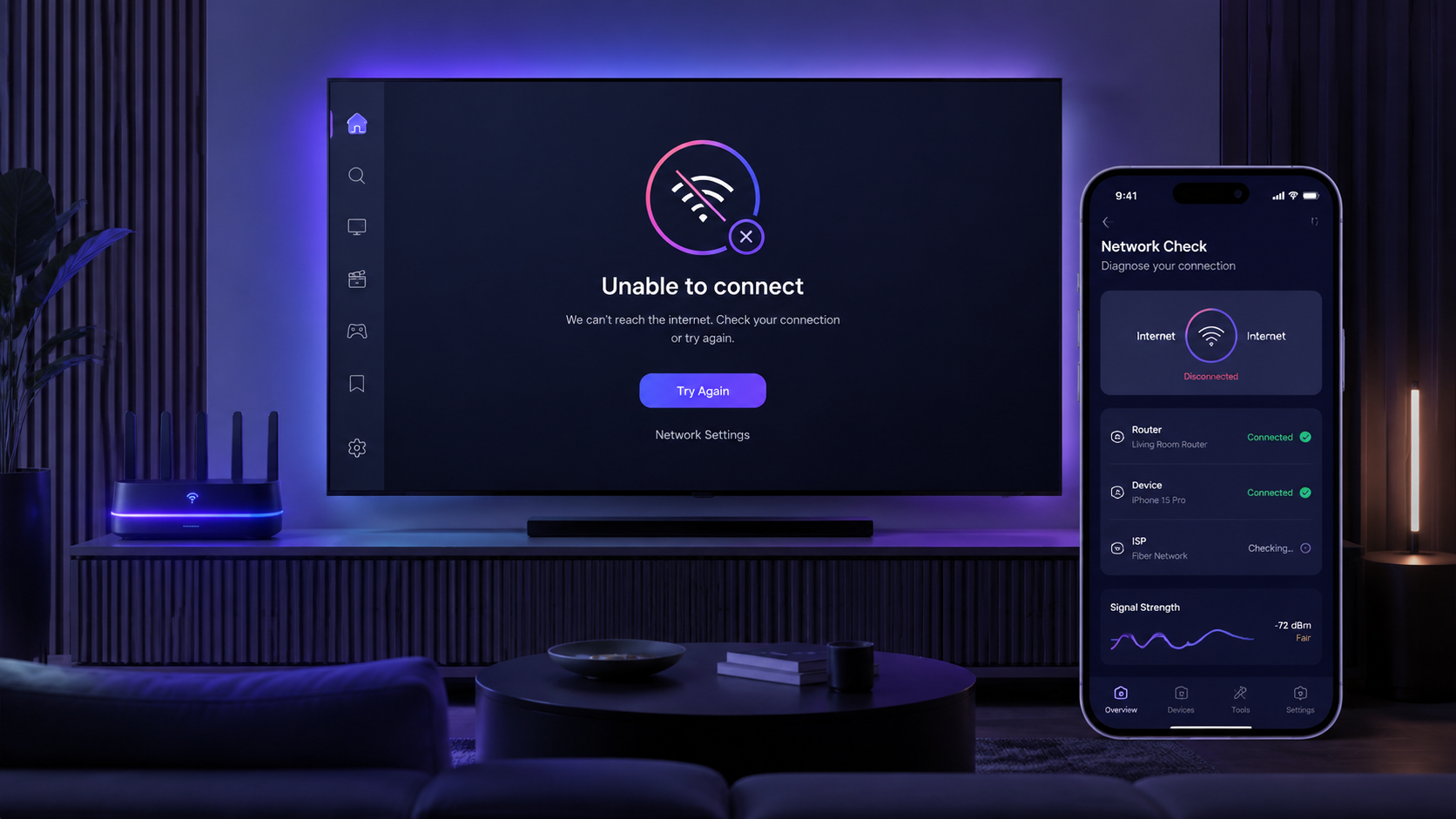 A modern home theater setup with a sleek smart TV displaying a stylized connection error icon, a smartphone nearby showing a signal diagnostic app, and a glowing internet router. Style: Clean Tech UI,