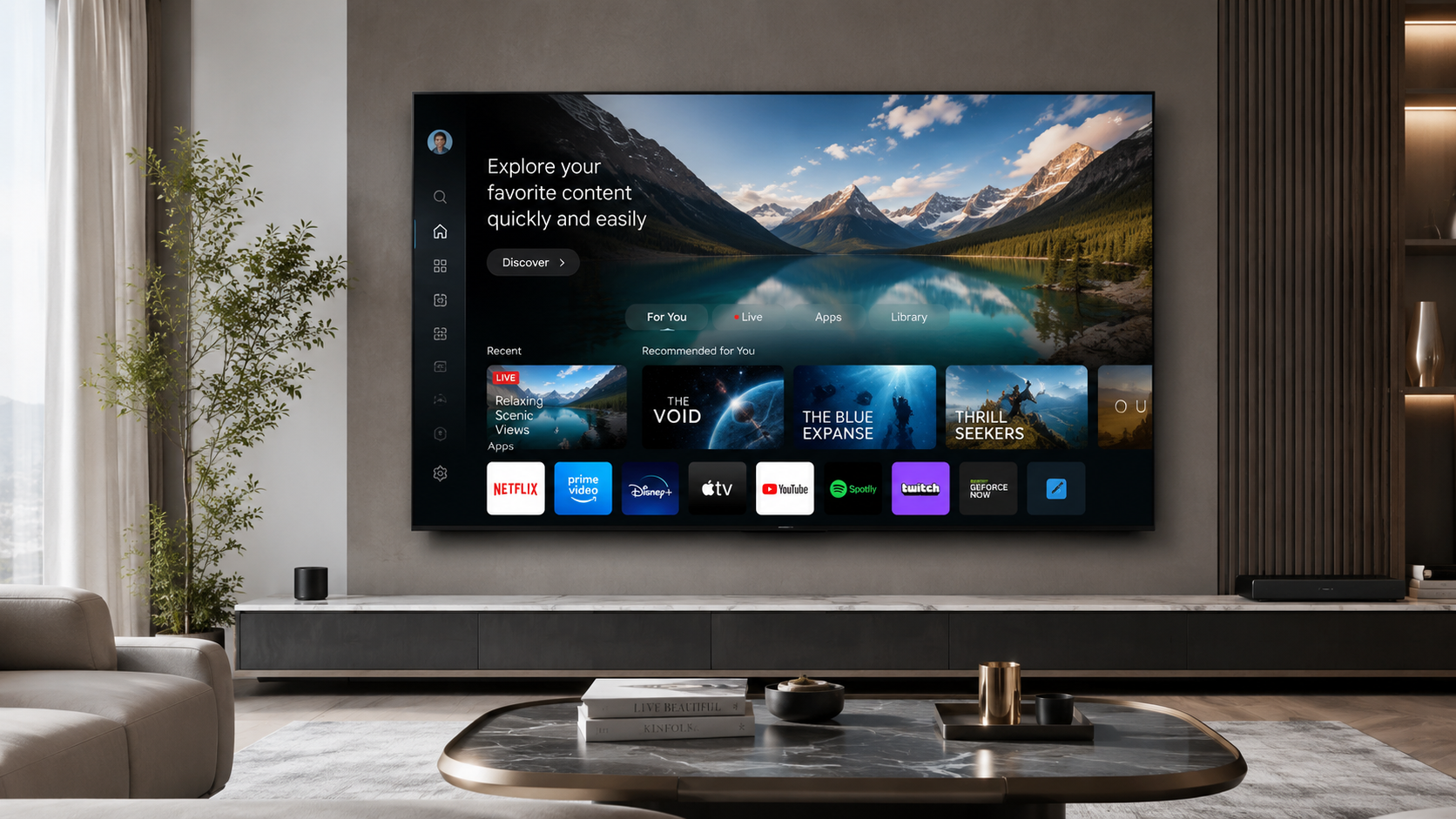 A sleek, modern smart TV displaying a vibrant high-definition landscape, positioned in a contemporary minimalist living room. Style: App Mockup Style, realistic app mockup, polished UI screens, device