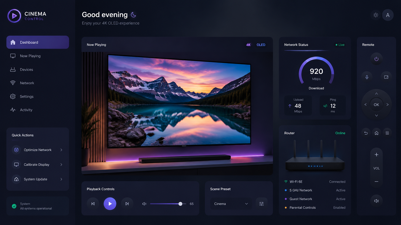 A high-end home theater setup featuring a large OLED screen displaying vibrant 4K nature content, a modern router with glowing status lights on a nearby wooden shelf, and a sleek remote control. Style