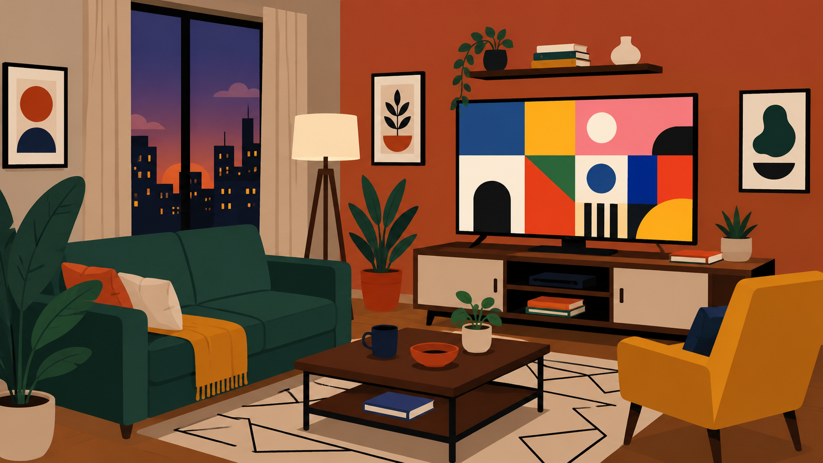 A cozy modern living room at dusk where a glowing television displays a colorful mosaic. Style: Flat Vector Illustration, flat vector illustration, 2D shapes, solid colors, crisp edges, no gradients, 