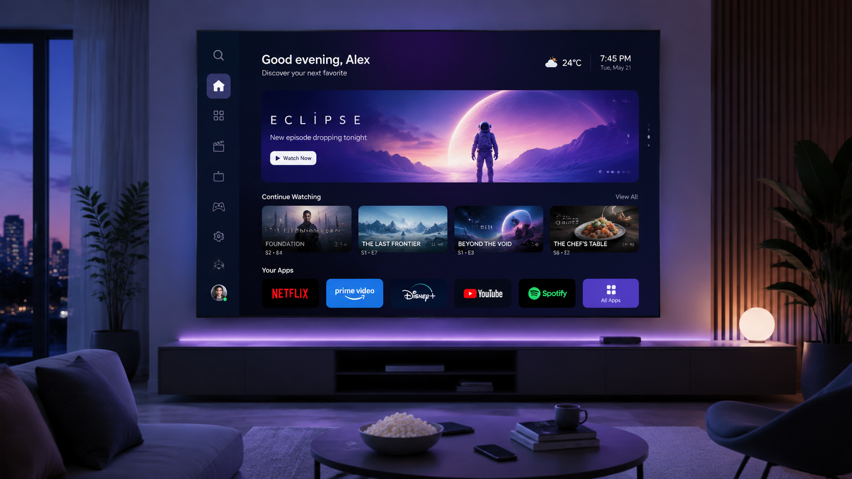A sleek, modern living room at dusk with a large high-definition Smart TV displaying a vibrant, entertainment dashboard. Style: Clean Tech UI, modern SaaS dashboard UI, clean interface, soft gradients