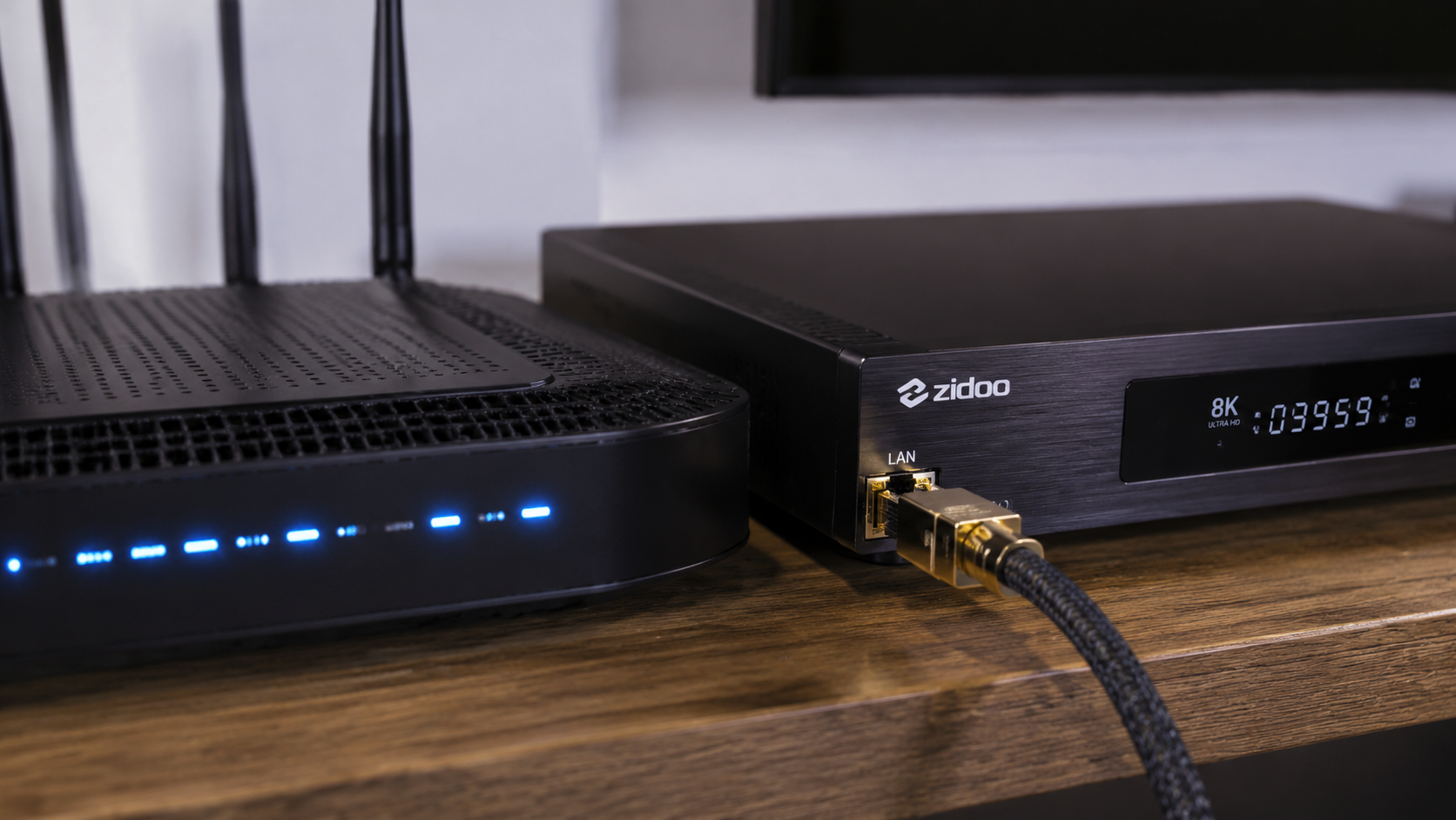 A close-up shot of a high-speed router with glowing blue LED indicators next to a professional media player connected via a gold-plated Ethernet cable. Style: Ultra Realistic, ultra realistic professi