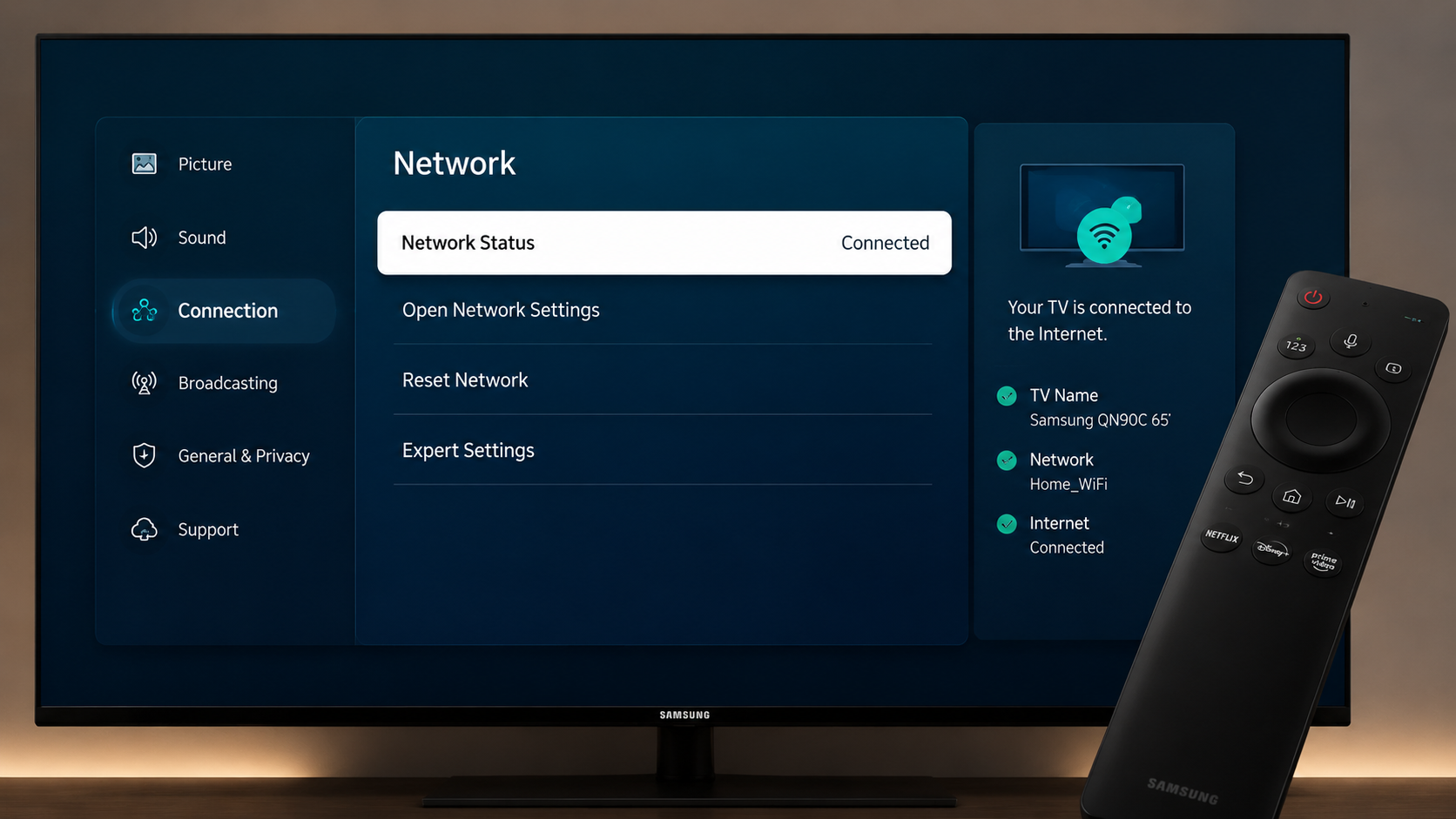 A close-up view of a Samsung Smart TV settings menu, specifically the network and connection panel, with a sleek remote control. Style: App Mockup Style, realistic app mockup, polished UI screens, dev