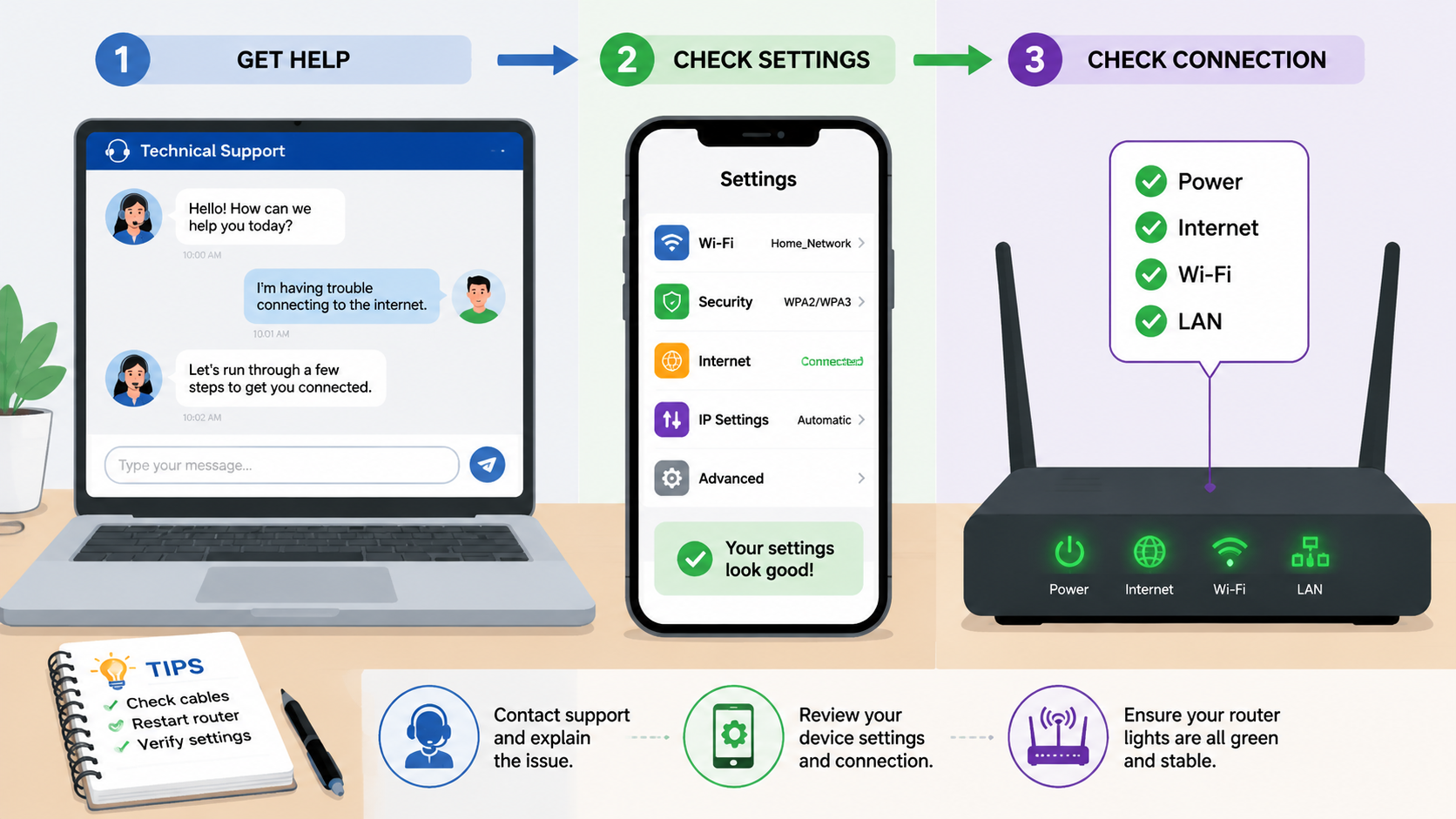 A clean workspace with a laptop showing a technical support chat interface, a smartphone showing a settings menu, and a router with glowing green lights. Style: Instructional Illustration, flat instru