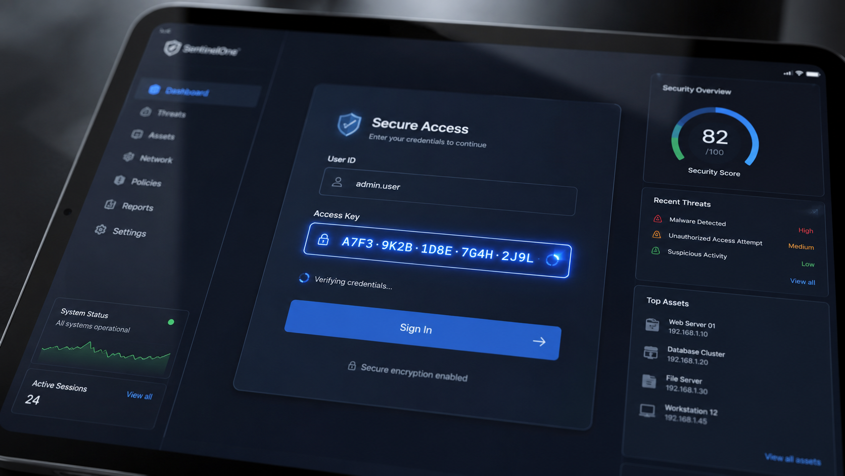 A close-up of a digital tablet screen showing a secure login field being filled with a glowing alphanumeric sequence. Style: App Mockup Style, realistic app mockup, polished UI screens, device frames,