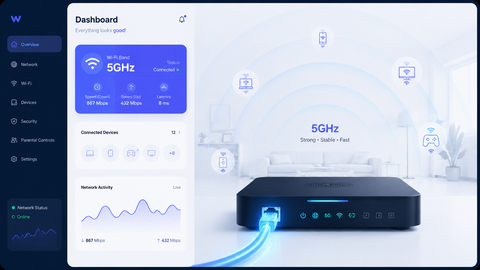 A high-speed network environment showing a shielded Ethernet cable plugged into a glowing professional router, with stylized data waves representing a stable 5GHz Wi-Fi signal radiating through a mini