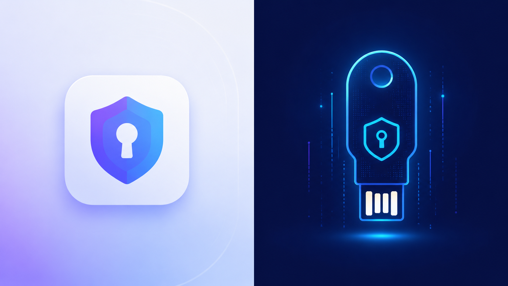 A digital split-screen representation showing a smartphone app icon on one side and a glowing digital security key on the other, symbolizing the software and the access code. Style: Clean Tech UI, mod