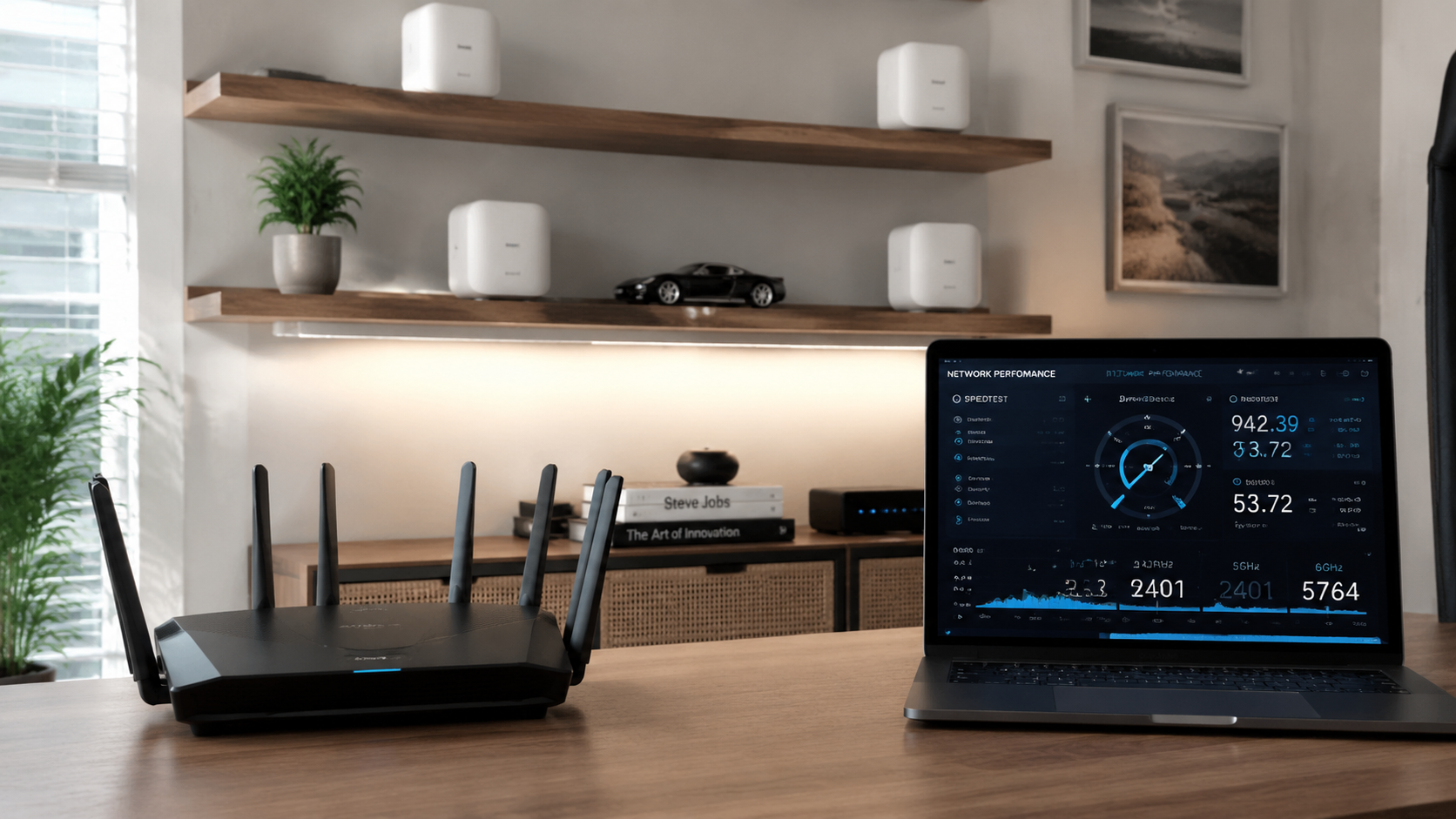 A high-tech networking setup in a home office with a modern Wi-Fi 7 router, mesh nodes placed on wooden shelves, and a laptop showing network performance metrics. Style: Ultra Realistic, ultra realist