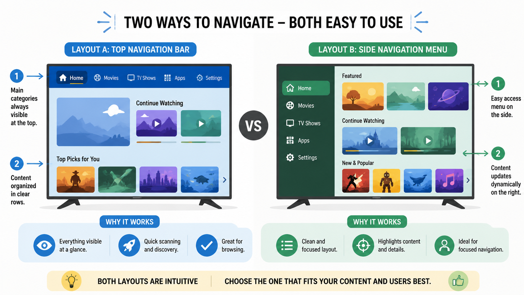 A side-by-side visual comparison of two different user interface layouts on two television screens, highlighting intuitive navigation menus. Style: Instructional Illustration, flat instructional illus