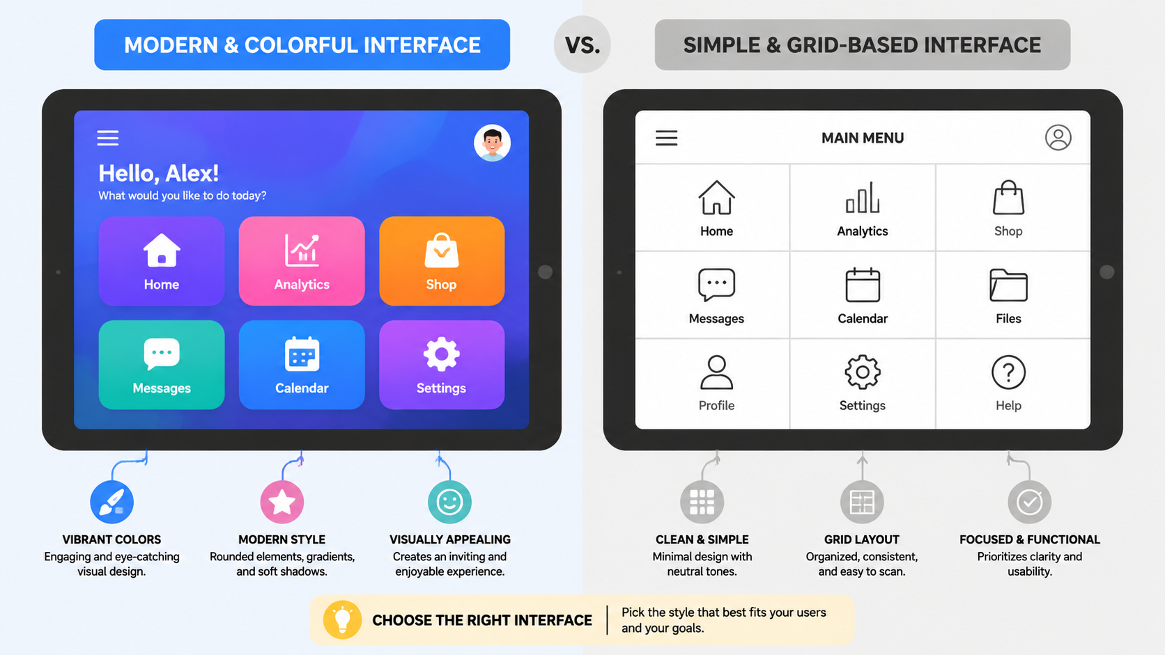 A side-by-side visual comparison of two different user interfaces on two tablet screens, one colorful and modern, the other simple and grid-based, showing menu icons. Style: Instructional Illustration
