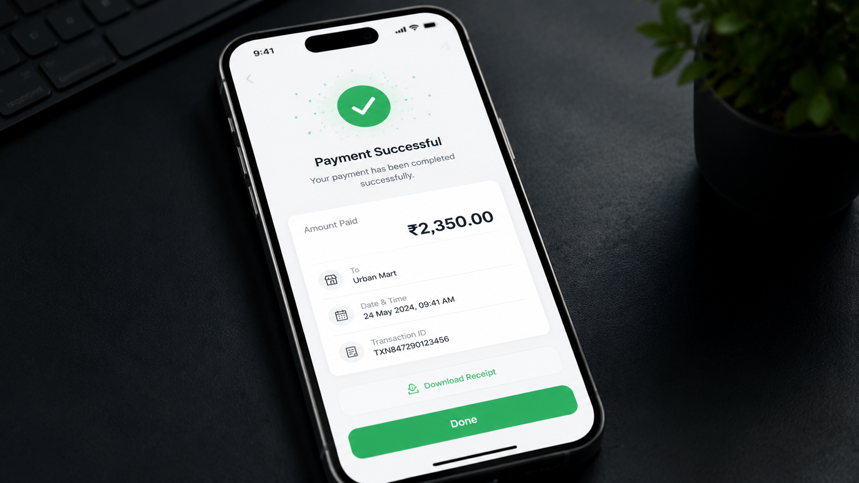 A digital payment confirmation screen displayed on a sleek smartphone. Style: App Mockup Style, realistic app mockup, polished UI screens, device frames, dashboard elements, no people photography, no 