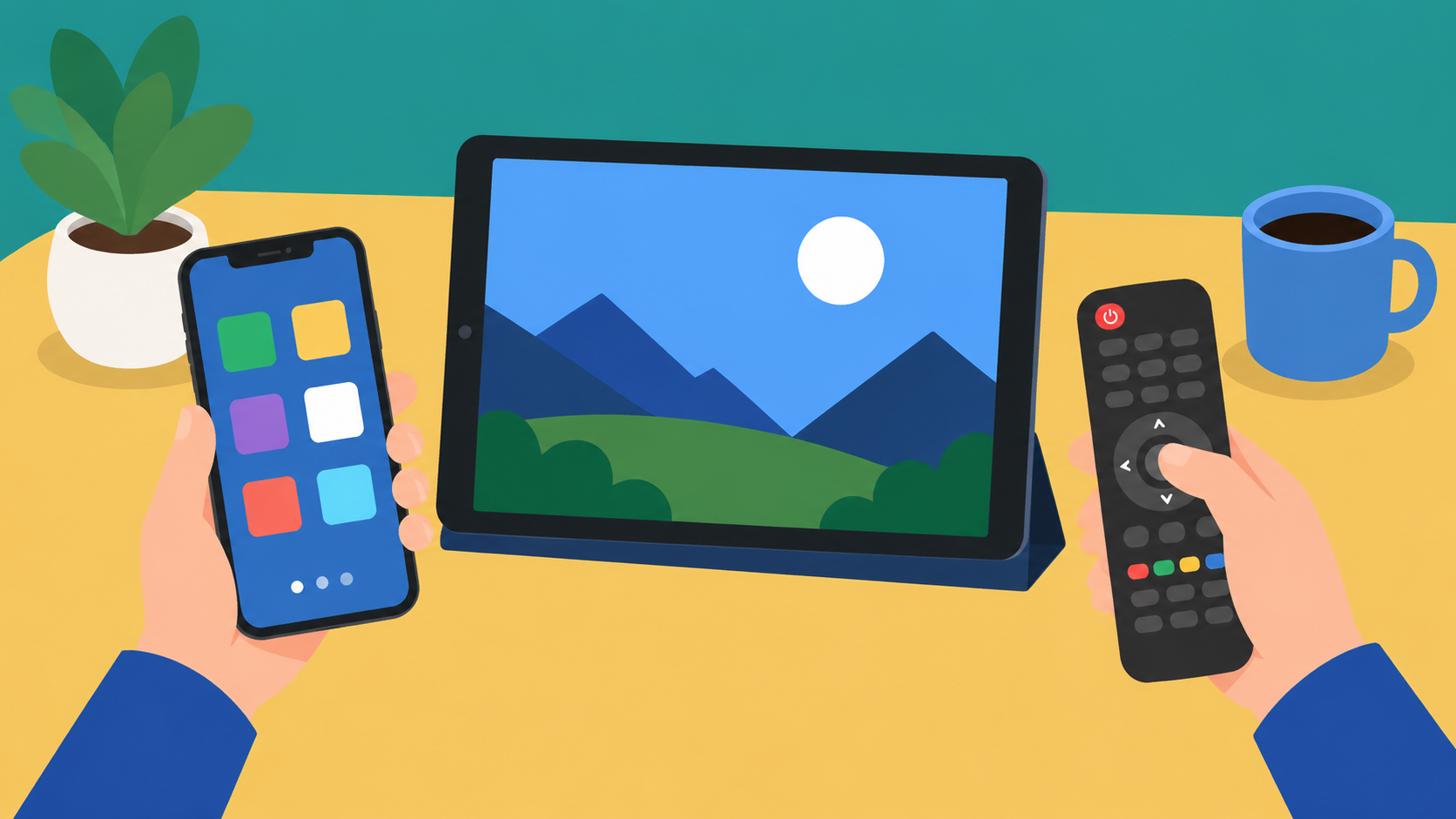 A person's hands holding a modern smartphone and a remote control near a digital tablet. Style: Flat Vector Illustration, flat vector illustration, 2D shapes, solid colors, crisp edges, no gradients, 