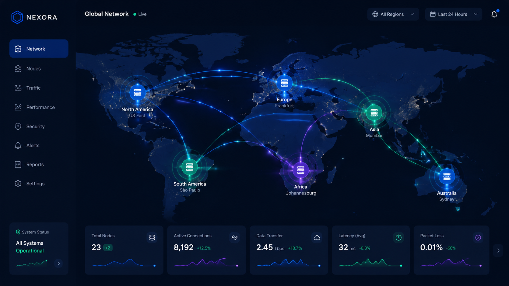 A conceptual map of interconnected glowing nodes representing a global server network, with data streams flowing between continents in a dark, tech-focused environment. Style: Clean Tech UI, modern Sa