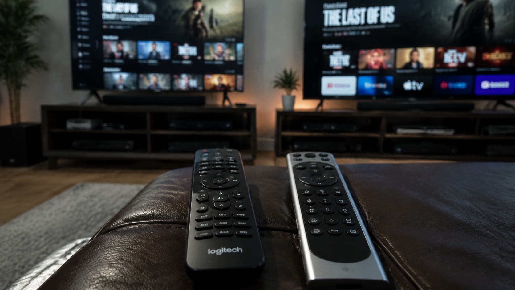 A side-by-side comparison of two high-end remote controls resting on a leather sofa, with two television screens in the background showing different streaming menus. Style: Ultra Realistic, ultra real