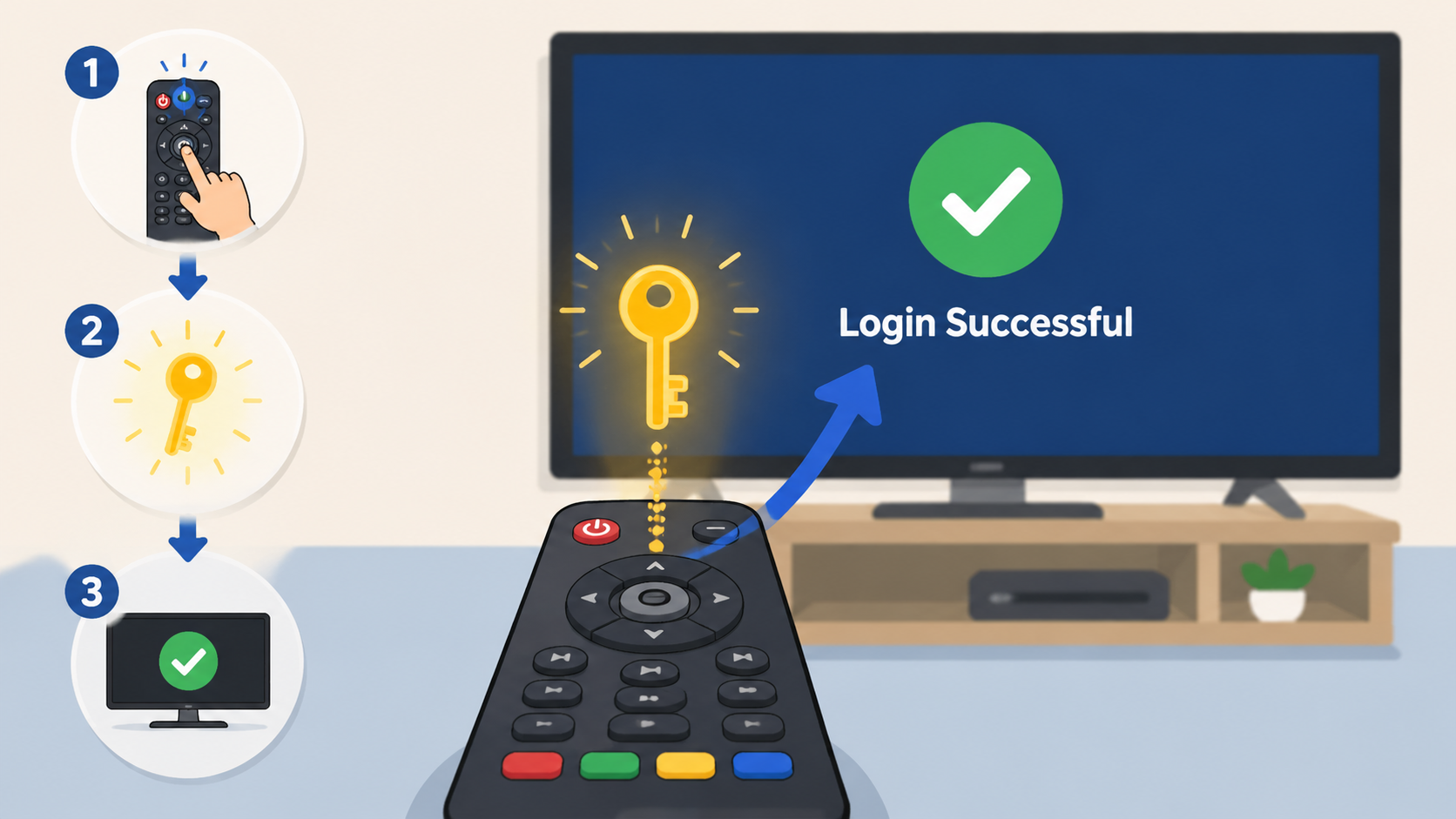 A glowing digital key symbol floating above a TV remote, symbolizing the activation process, with a blurred background of a television showing a successful login screen. Style: Instructional Illustrat