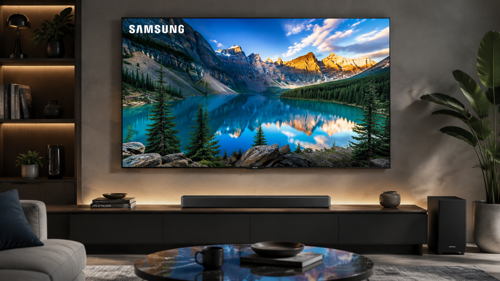 A high-definition nature landscape displayed on a Samsung TV screen, with deep blacks and vibrant colors, symbolizing a successful setup. Style: App Mockup Style, realistic app mockup, polished UI scr