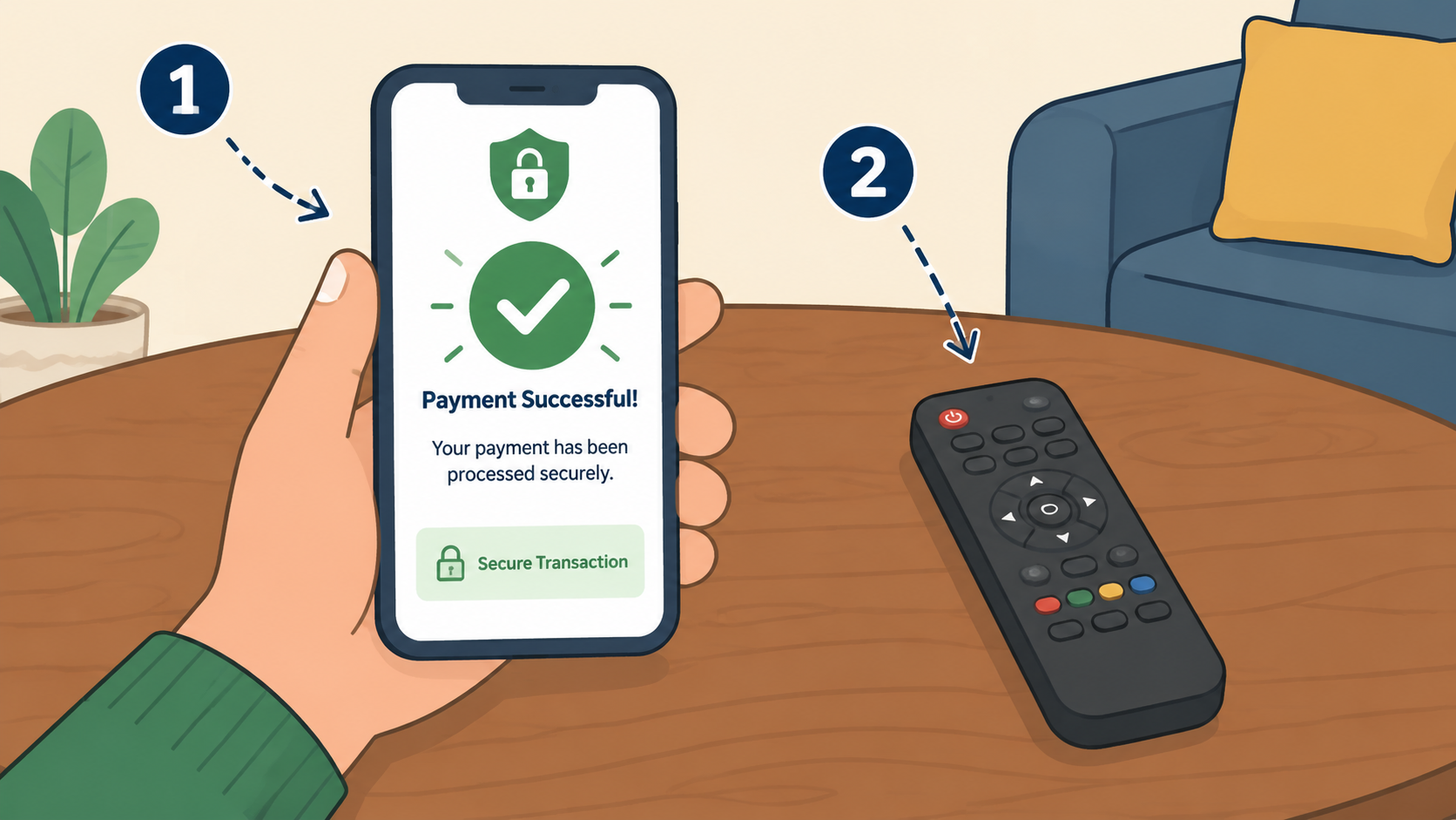 A hand holding a smartphone displaying a secure payment confirmation screen with a green checkmark, sitting next to a TV remote on a wooden coffee table. Style: Instructional Illustration, flat instru