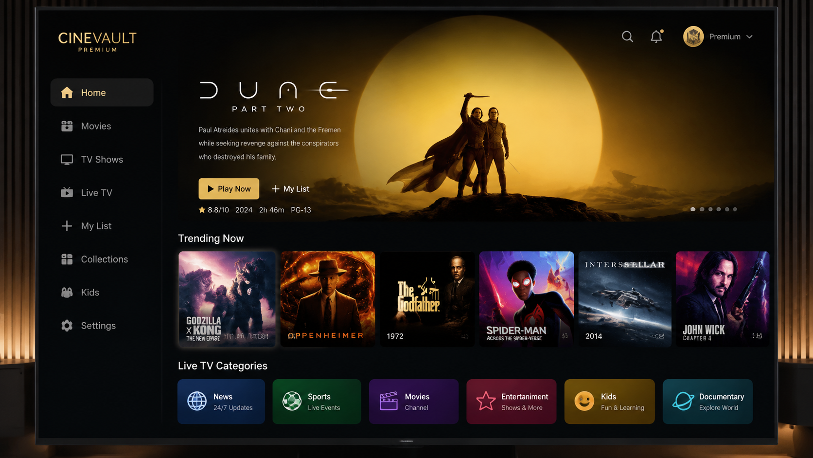 A high-end home cinema interface layout showing a grid of premium movie posters and live channel categories. Style: App Mockup Style, realistic app mockup, polished UI screens, device frames, dashboar