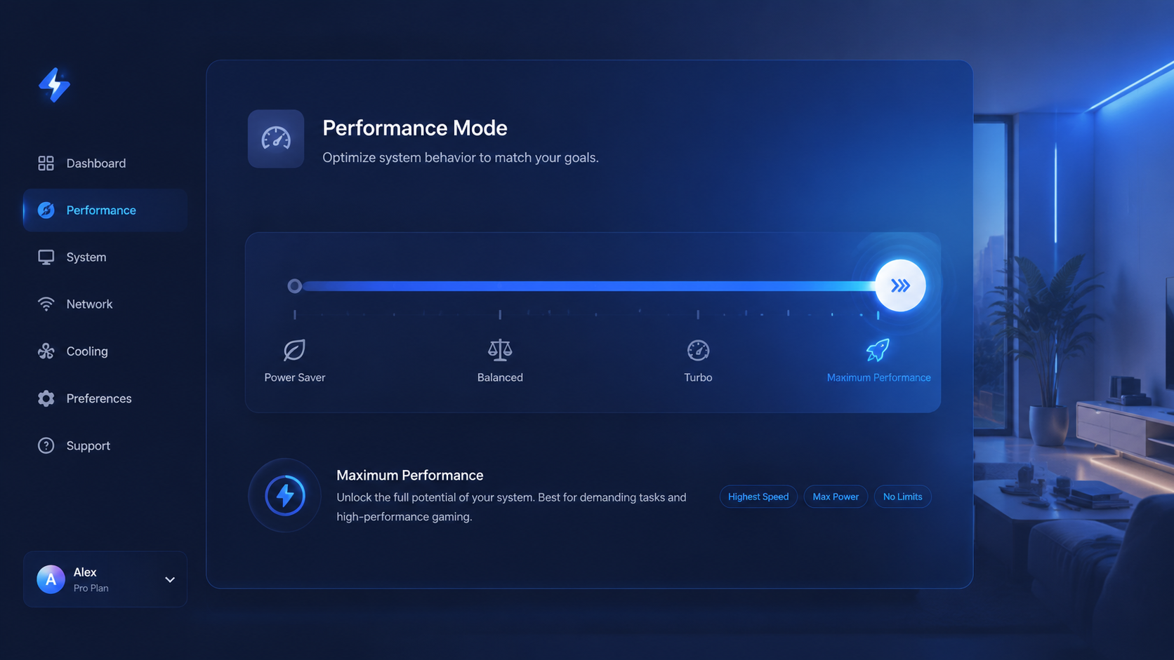 A digital settings menu interface showing a slider moving towards 'Maximum Performance', with background elements of a clean modern living room and a subtle blue glow emanating. Style: Clean Tech UI, 