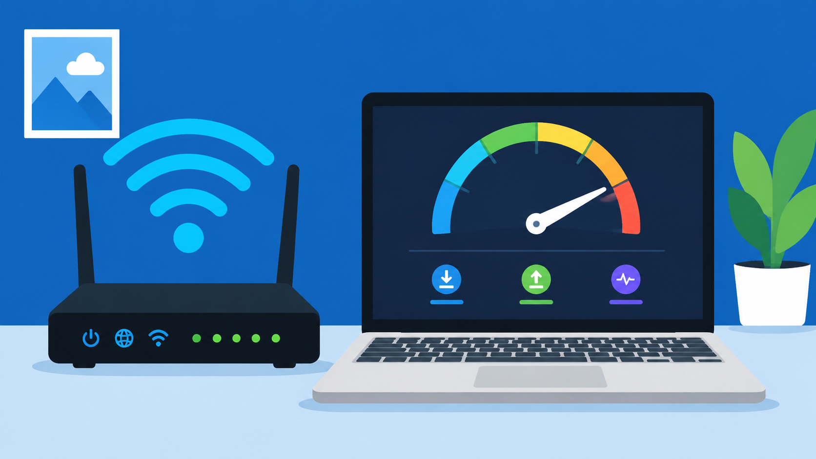 A stylized internet router with glowing blue signal waves next to a laptop showing a network speed test gauge. Style: Flat Vector Illustration, flat vector illustration, 2D shapes, solid colors, crisp
