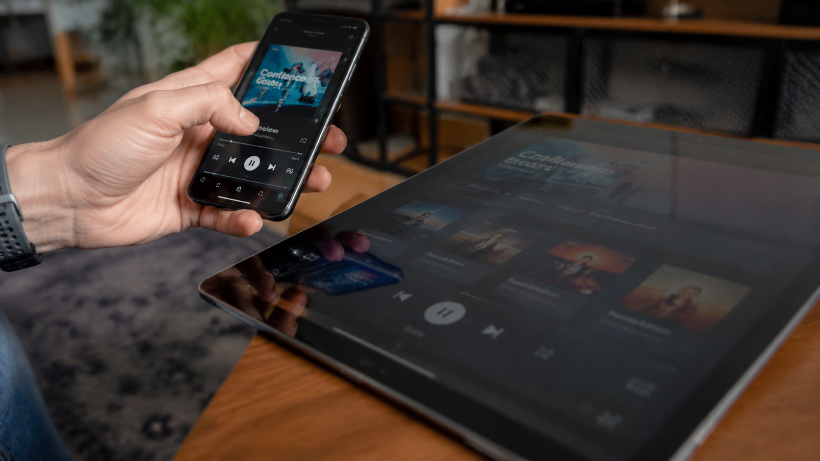 A person’s hand using a modern smartphone to control a media application, with the interface reflected in the glossy screen of a tablet nearby. Style: Ultra Realistic, ultra realistic professional pho