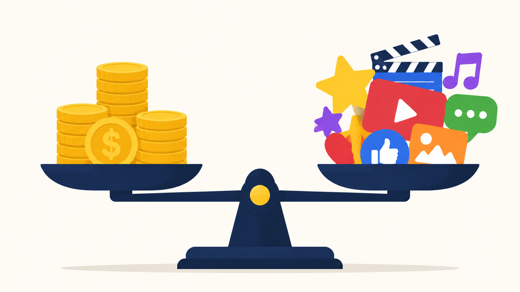 A balance scale where one side holds a stack of gold coins and the other side holds a diverse collection of colorful media icons like stars, play buttons. Style: Flat Vector Illustration, flat vector 