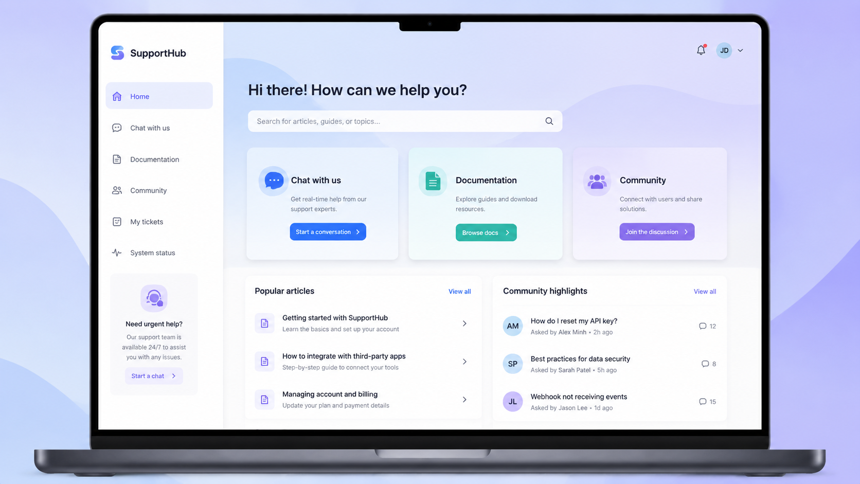 A digital help desk interface showing icons for chat support, documentation downloads, and a community forum layout on a sleek laptop screen. Style: Clean Tech UI, modern SaaS dashboard UI, clean inte