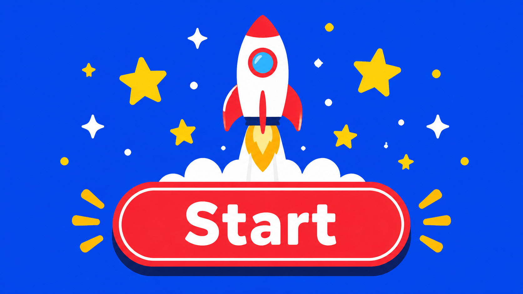 A bright digital button with a rocket ship icon launching upwards, surrounded by glowing stars and a "Start" label. Style: Flat Vector Illustration, flat vector illustration, 2D shapes, solid colors, 