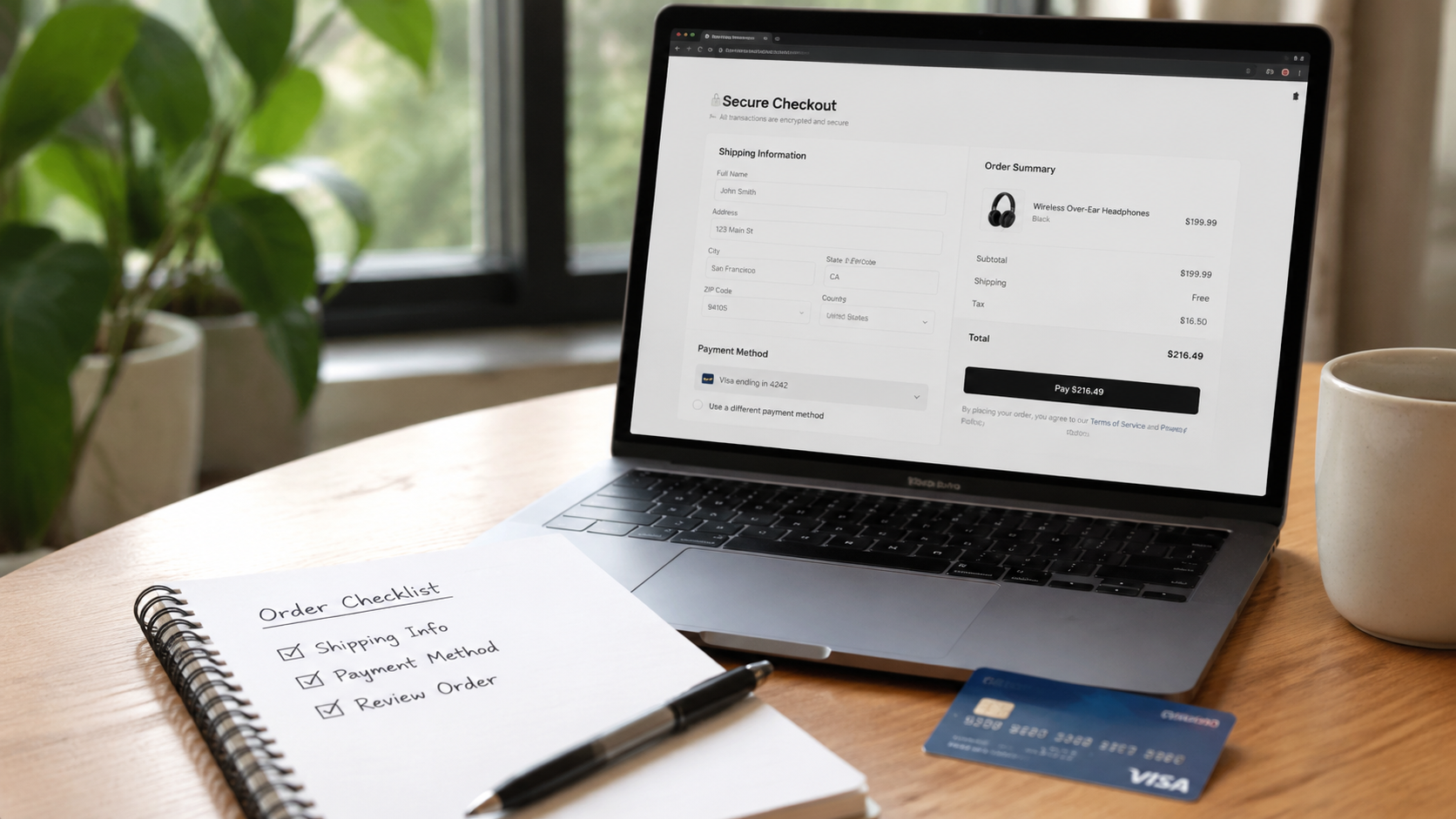 A clean, minimalist workspace with a laptop open showing a secure checkout page, a credit card partially visible, and a notebook with a checklist written. Style: Ultra Realistic, ultra realistic profe